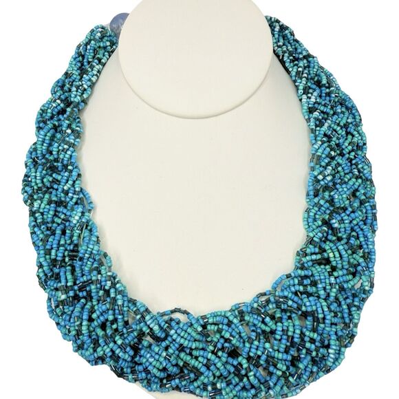 VTG Blue Turquoise Glass Beaded Braid Necklace 18" Bayadère Collar Statement